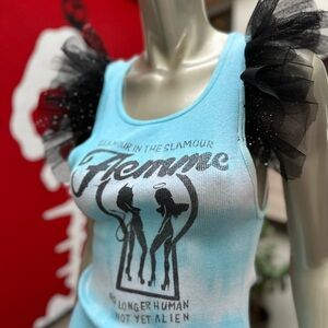 GLAMOUR IN THE SLAMOUR FLEMME distressed parody graffiti tank top XL ruffle sl